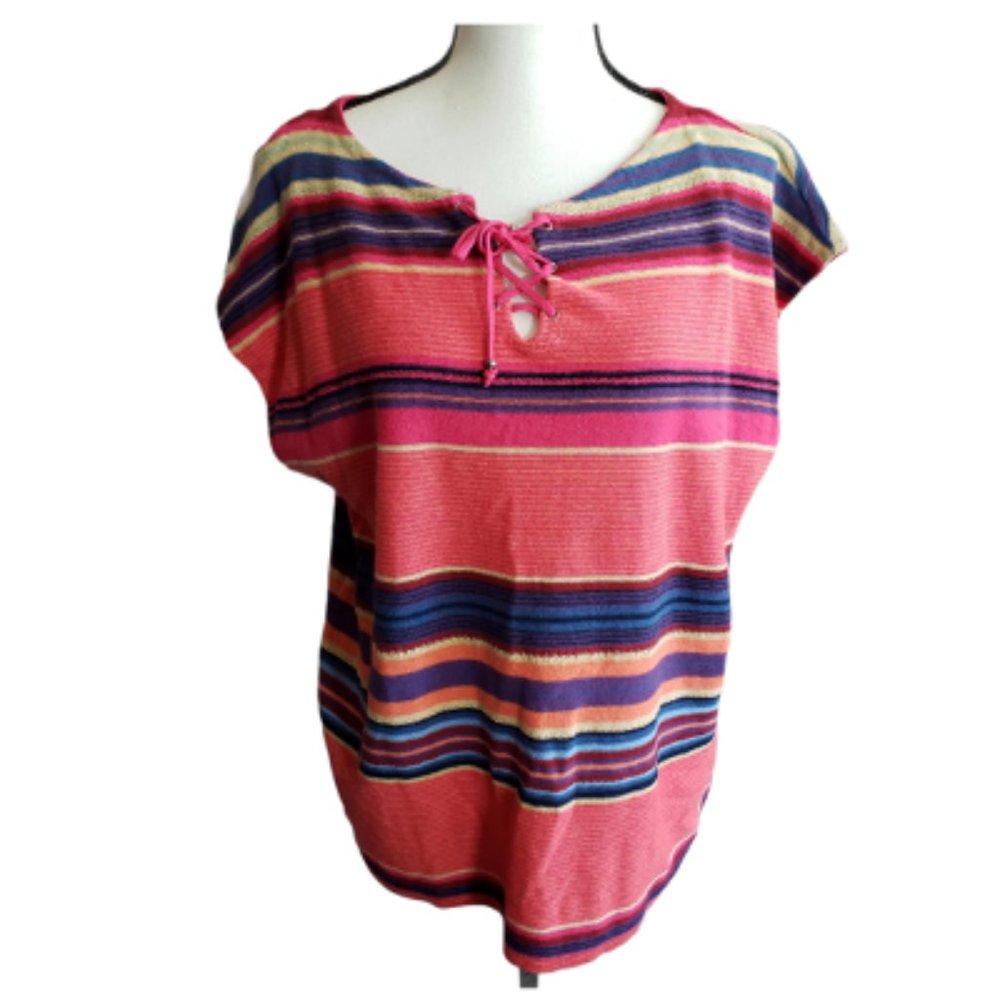 CHAPS - New Red Multi Colored Striped Short Sleeve Laced Top Plus Size 1X